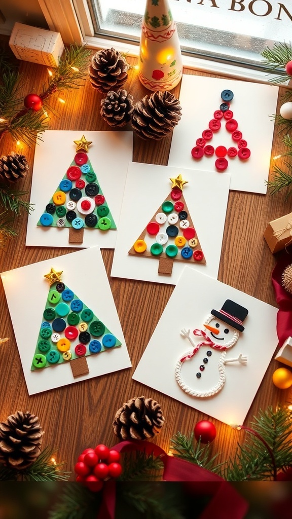 Handmade Christmas cards with buttons in festive designs on a rustic table.